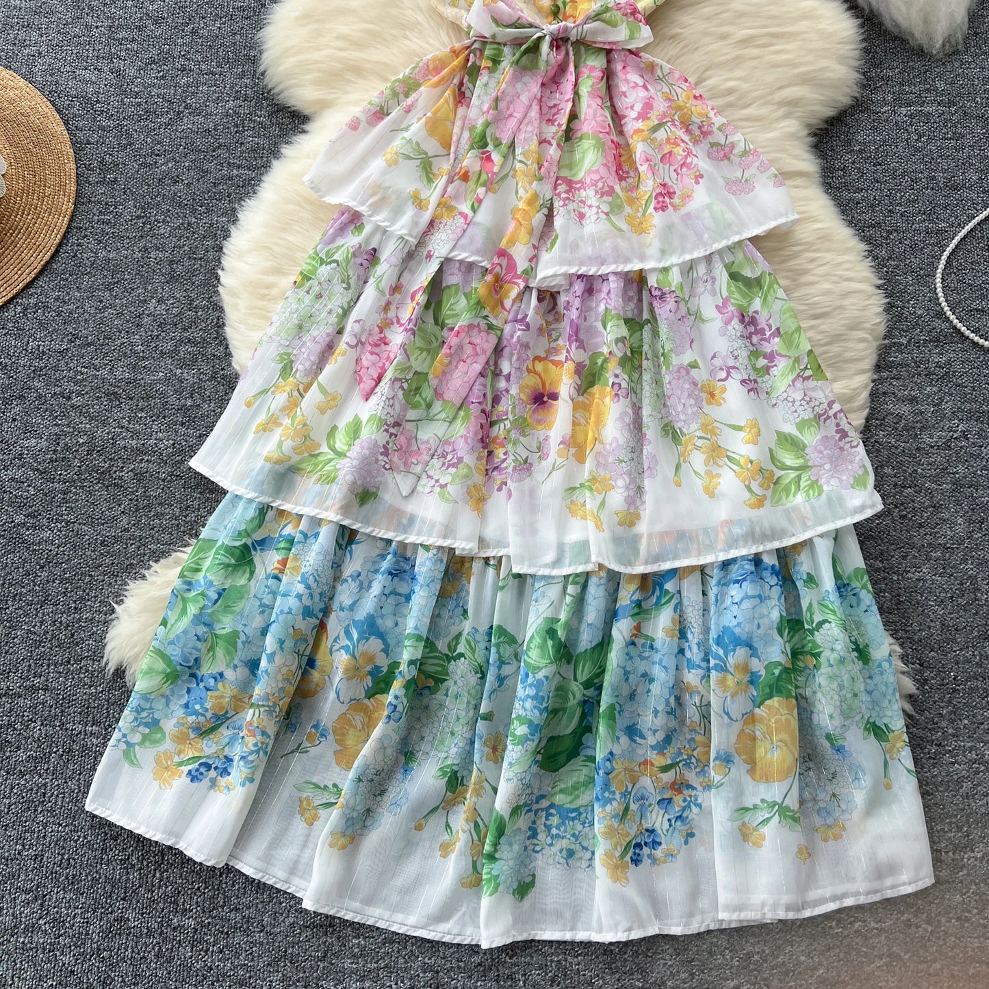 Vintage Print Elegant Sleeveless A-line Vneck Ruffle Bandage Dress Casual Women Fashion Autumn Spring Dress