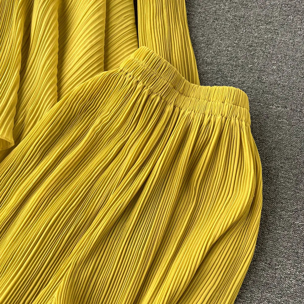 Clothland Stylish Yellow Blouse Set Two Piece Set Irregular Shirt Long Pants Pleated Women Chic Spring Suits TZ234