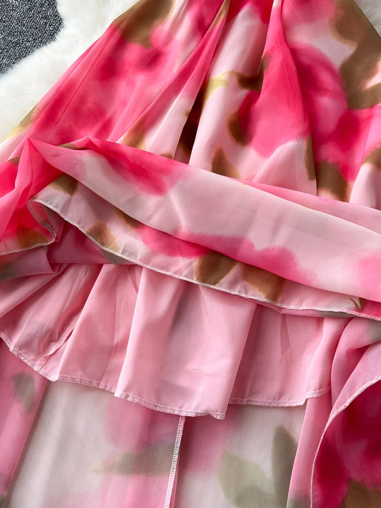 French Elegant Beach Dress Women Rose Print High Waist Chiffon Dresses Ladies Sleeveless Slim A-line Boho Long Robe Vestidos