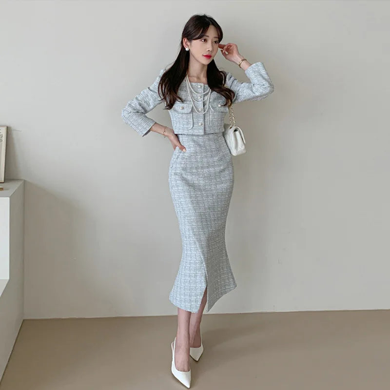 Vintage Tweed 2-piece Spring Autumn Women’s Elegant Two Pieces Set Pearl Buckle Cropped Coats+Pencil Skirt Small Fragrant Suits