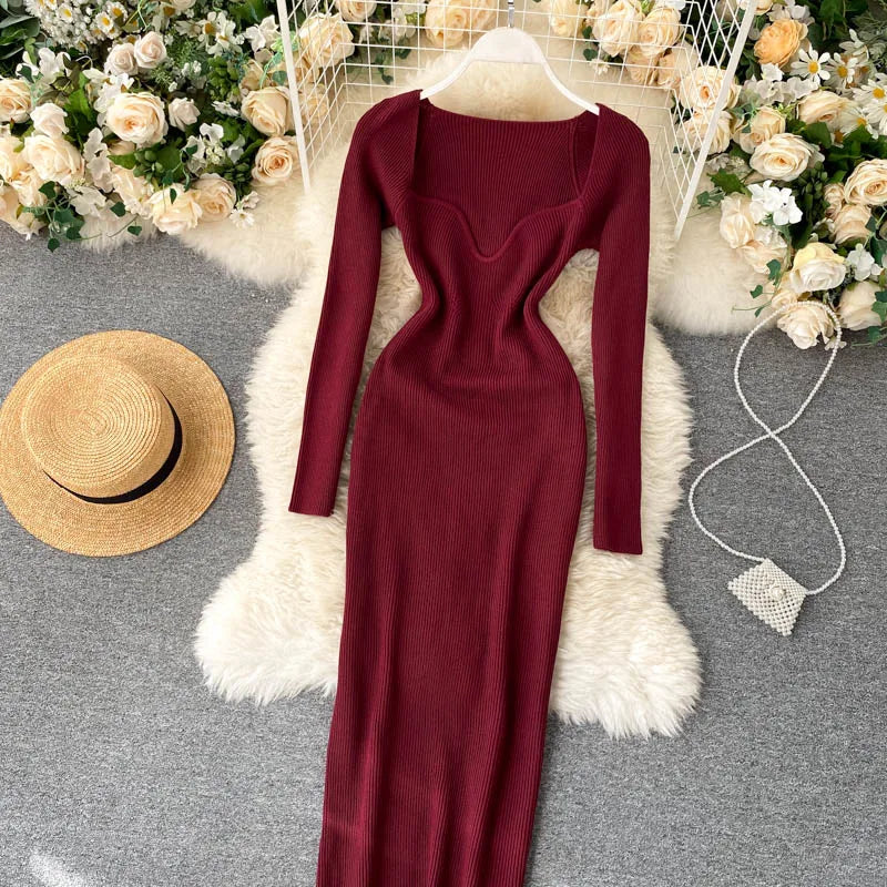 Women Long Sleeve Sexy Bodycon Dress with slit Vintage French Fashion Knit v neck Vestidos Basic Tight Elegant Slim Chic Dresses