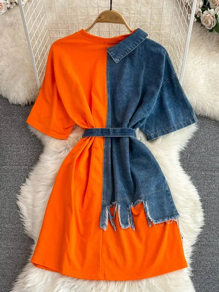 Women Summer Casual T Shirt Short Sleeve Streetwear Patchwork Denim Long Shirts Female O-neck Slim Jeans Tops