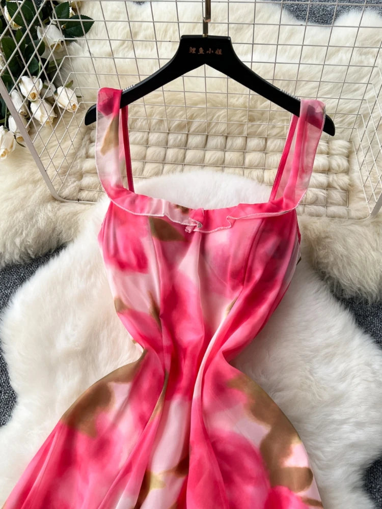 French Elegant Beach Dress Women Rose Print High Waist Chiffon Dresses Ladies Sleeveless Slim A-line Boho Long Robe Vestidos