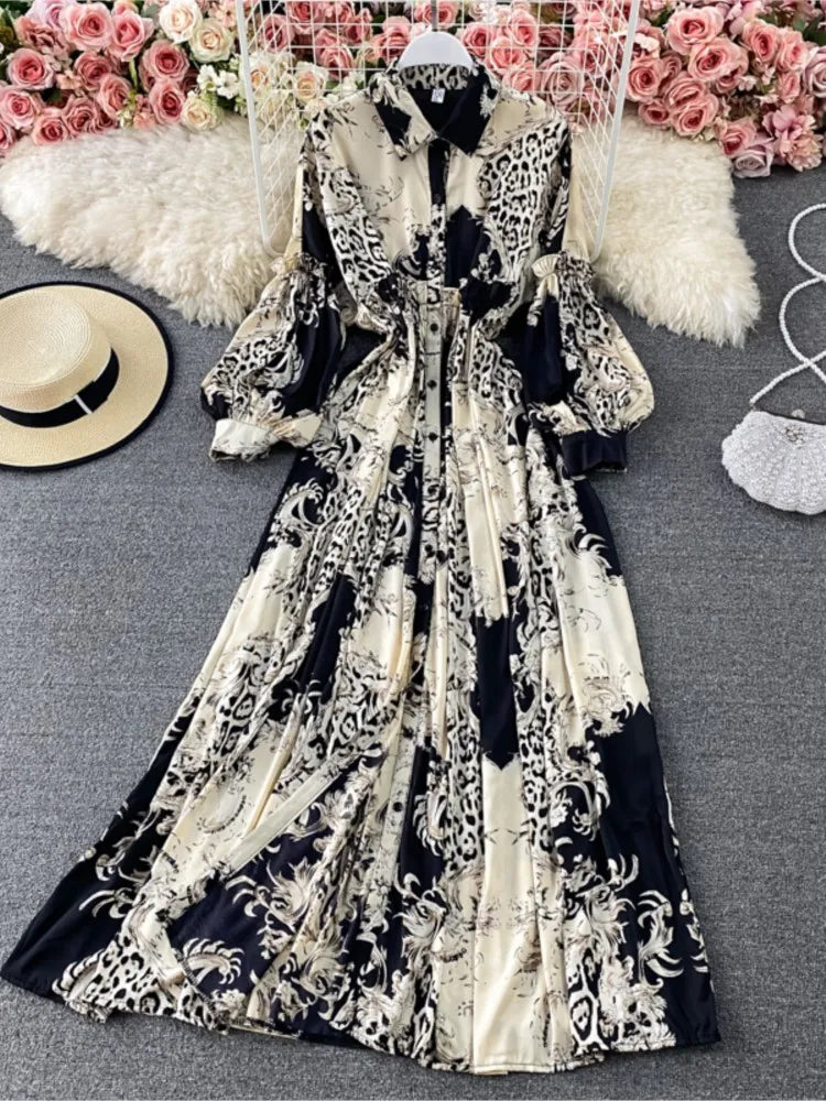Vintage Women Casual Print Long Party Shirts Dress Elegant Single Breasted A-Line Prom Birthday Clothes Female Fashion Robe New
