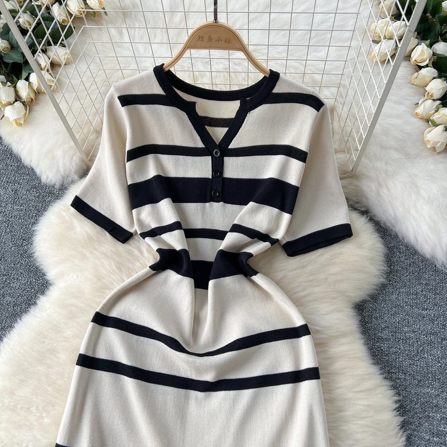 Sexy Chic short sleeve PATCHWORK v-Neck Striped Knit Dress Elegant Fashion Party Slim Summer A-line sweet dresses