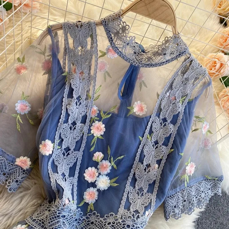 Elegant Mesh Embroidery Dress Women Korean Fashion Summer O Neck Short Sleeve Long Mesh Dress Party Vestidos