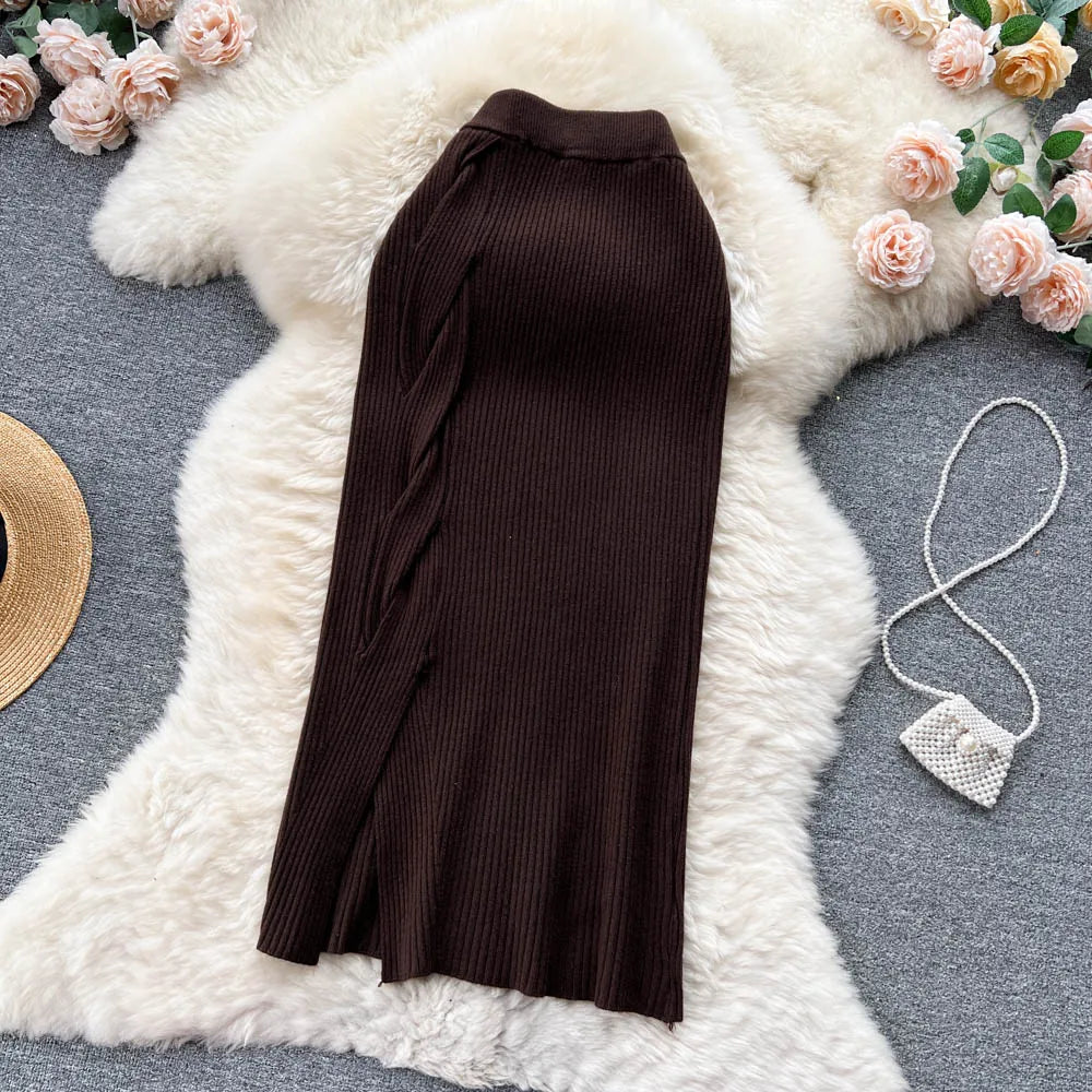 Women Elegant Chic Split Sexy Skirt Elastic Knit High Waist Fashion Vintage Pencil Skirt Black White Spring Autumn Clothing