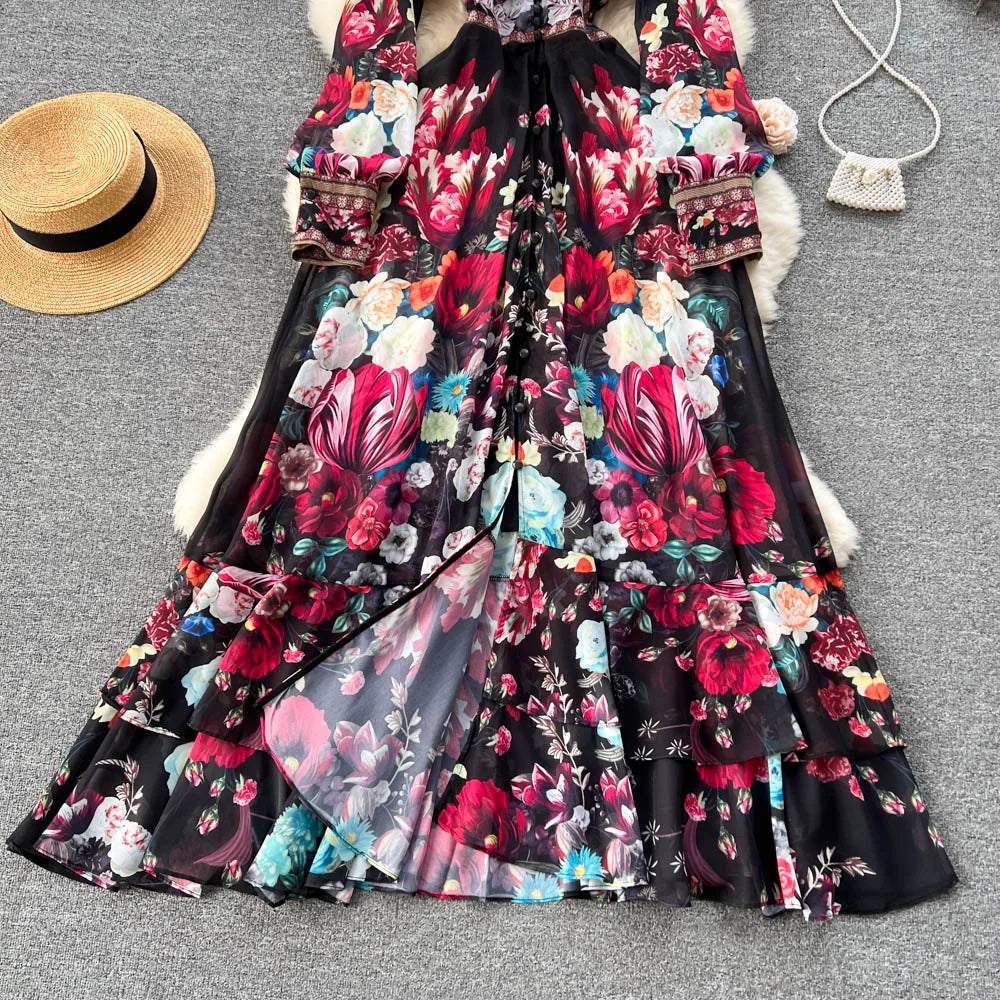 Retro Floral Print Pleated Elegant Chiffon Maxi Dress A-line Mesh V Neck Beach Vacation Party Dress Women Summer Spring Vestidos