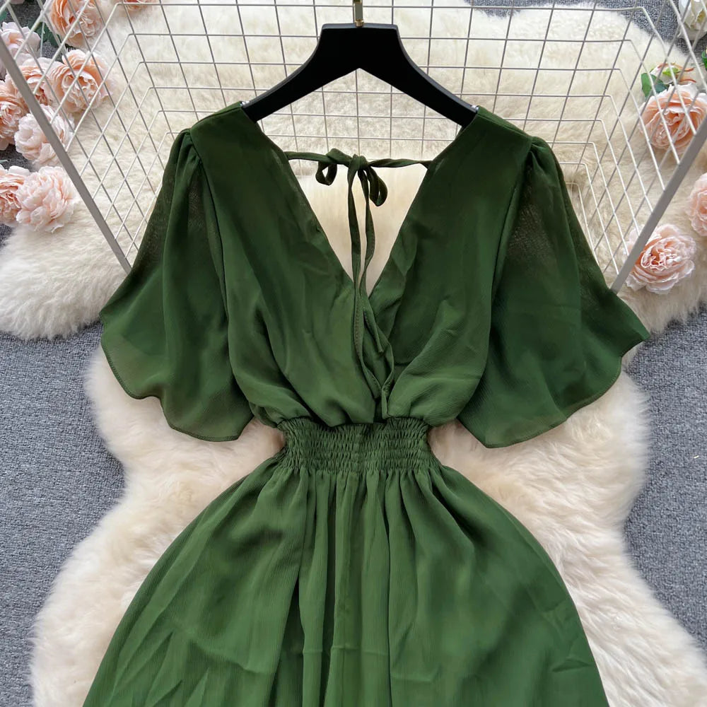 Vintage Elegant V-neck chiffon Dress A-line Fashion Beach Spring Summer Vestidos Women Bandage Sweet dresses