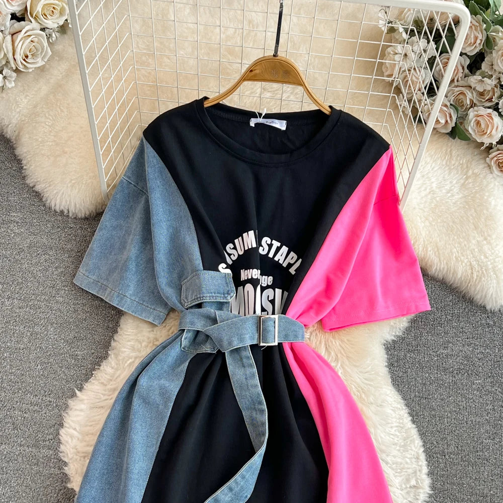 Women Summer Casual T Shirt Short Sleeve Streetwear Patchwork Denim Long Shirts Female O-neck Slim Jeans Tops