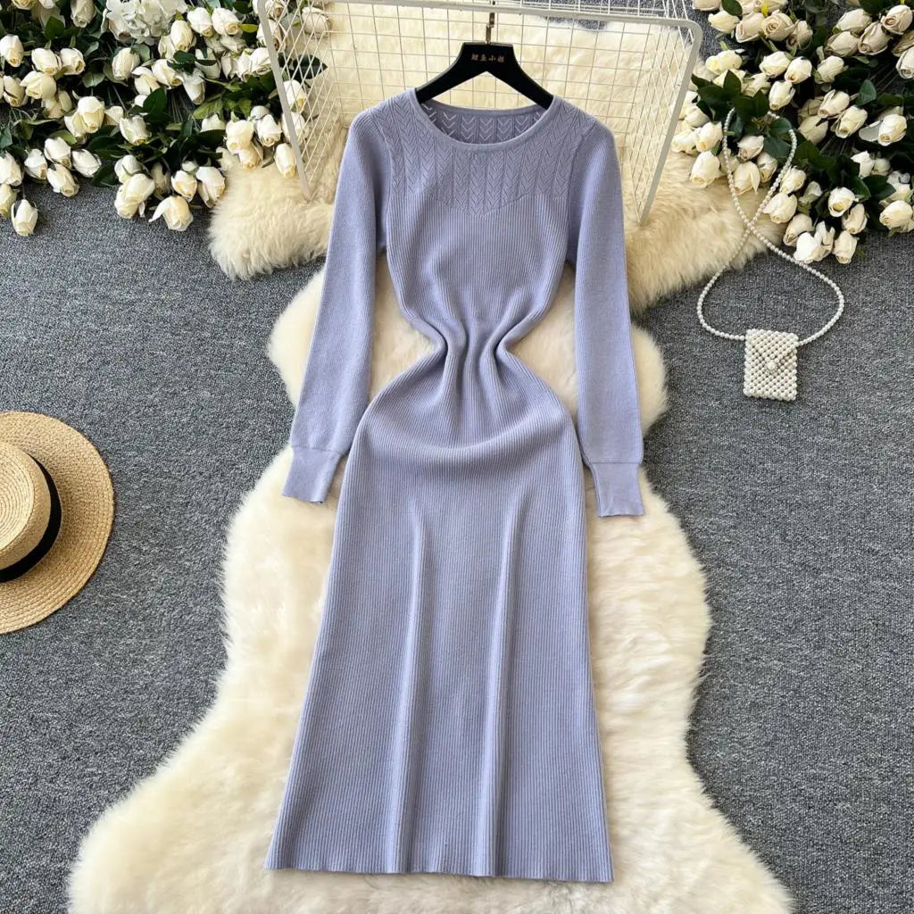 Elegant Solid Knitted Dress for Women Autumn French Vintage O-Neck Long Sleeve Fashion Evening Party Sweater Slim Midi Dresses