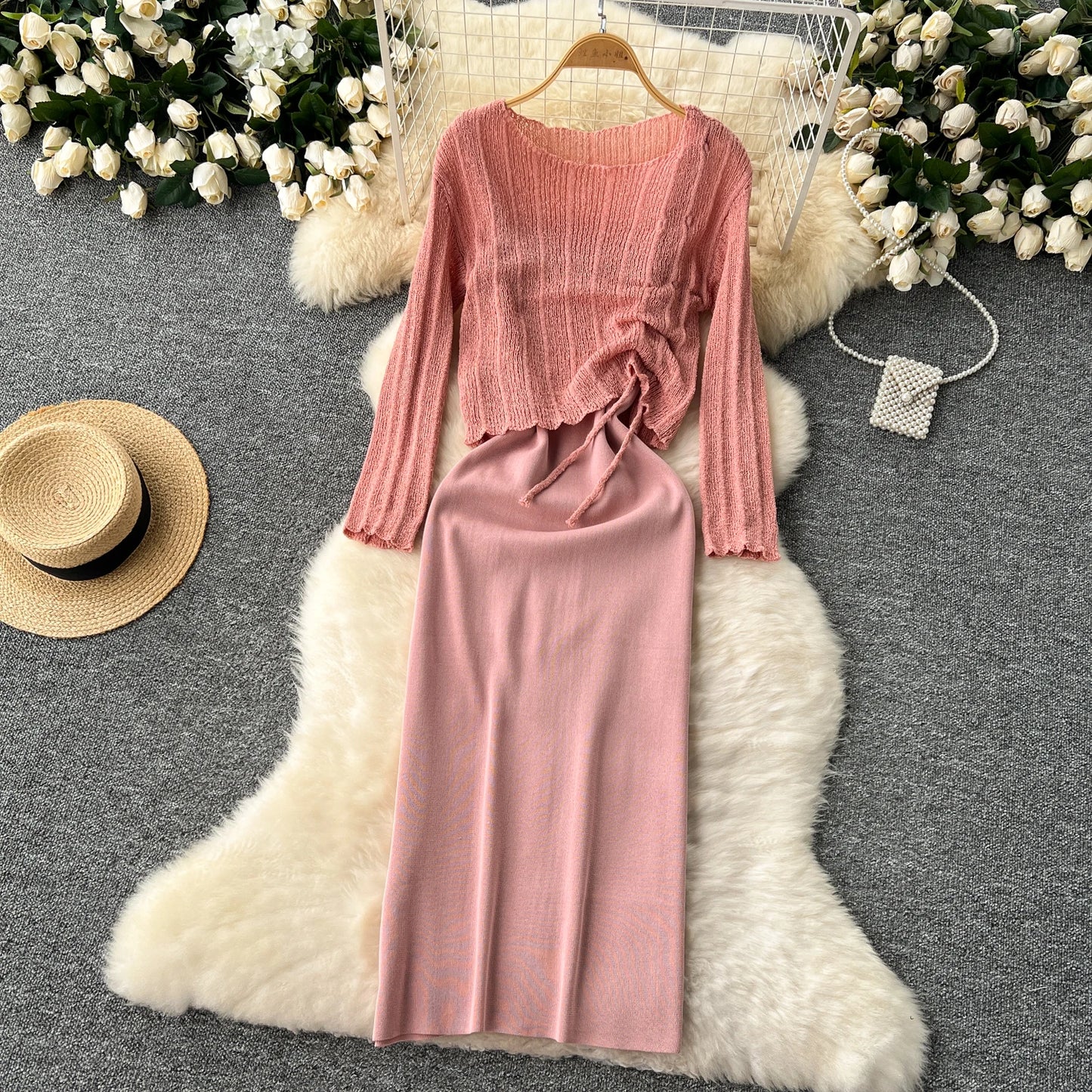 French Vintage Shirring lool sleeve slip knit overcoat with sweet slip A-line Chic Casual Vacation Women Summer dresses