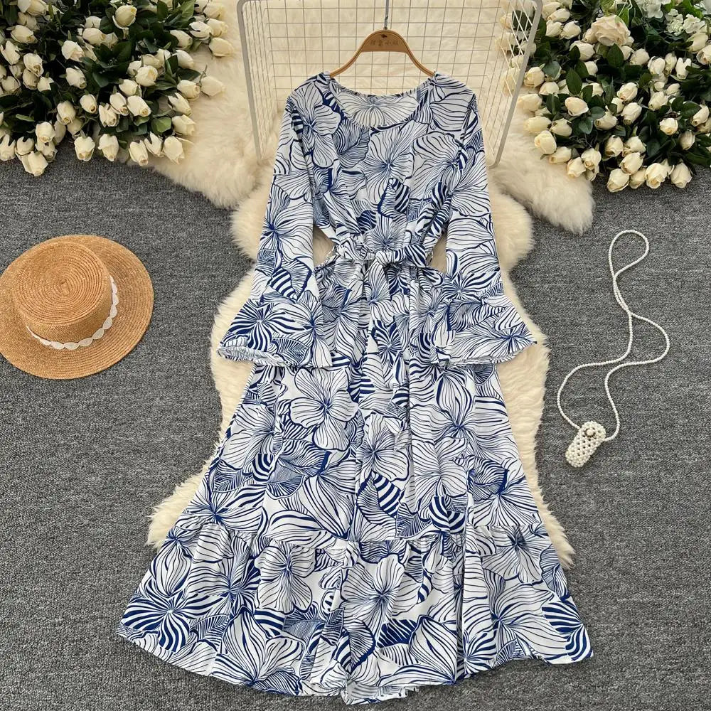 Women Vintage Print Dress for Women Autumn Flare Long Sleeves Lace Up Ruffles Slim Waist Evening Party Dresses A-Line Vestidos