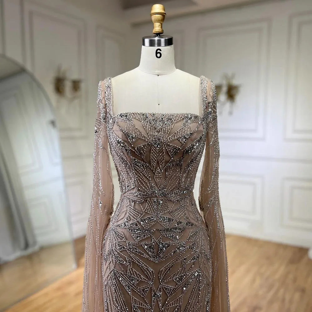 SERENE HILL 2024 Arabic Nude Cape Sleeves Mermaid Dubai Evening Dresses Beaded Luxury Wedding Party Gowns For Women GLA72261