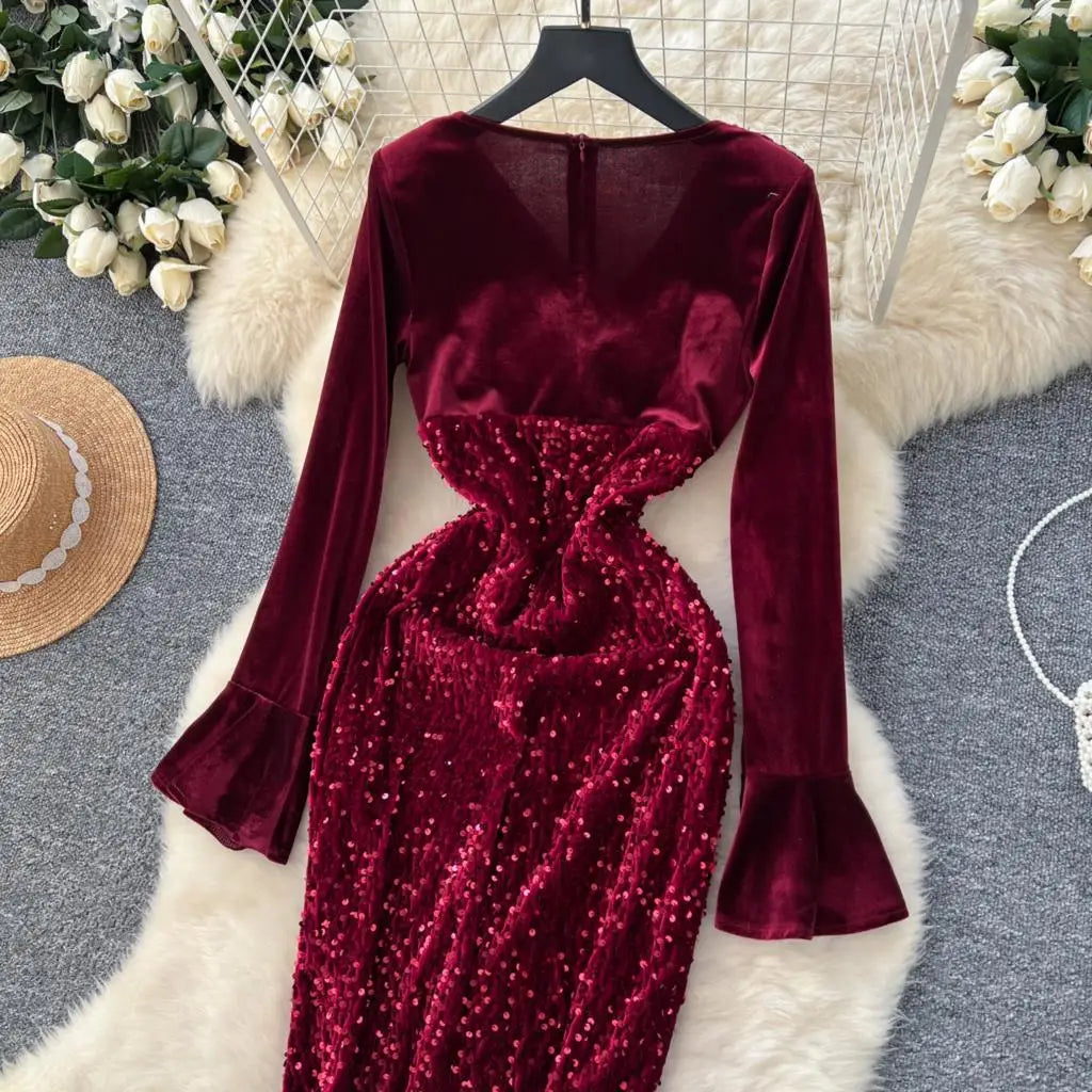 Women's Sexy Velvet Evening Gown Luxury Dresses V-Neck Flare Sleeve Split Long Dress Fashion Slim Robe Birthday Party Autumn New