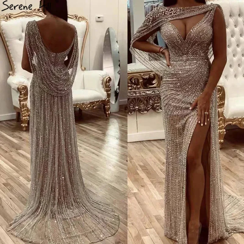 Luxury Champagne Split Evening Dresses 2024 Diamond Beaded Sleeveless Mermaid Formal Serene Hill LA70301
