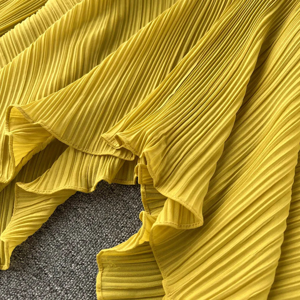 Clothland Stylish Yellow Blouse Set Two Piece Set Irregular Shirt Long Pants Pleated Women Chic Spring Suits TZ234