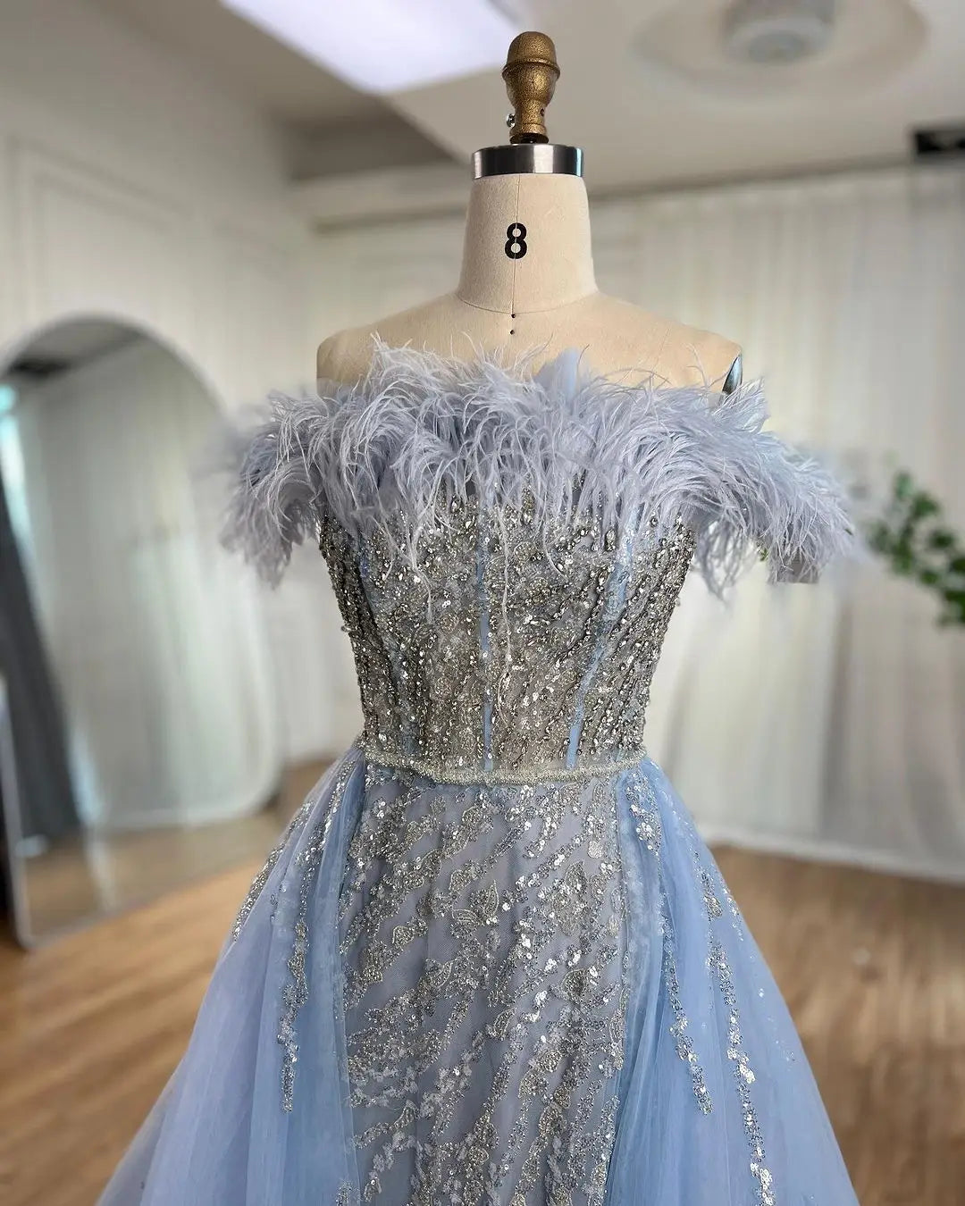 SERENE HILL 2024 Blue Feather Mermaid Luxury Beaded Evening Dresses Overskirt Formal Pink Gowns For Women Wedding Party GLA72061
