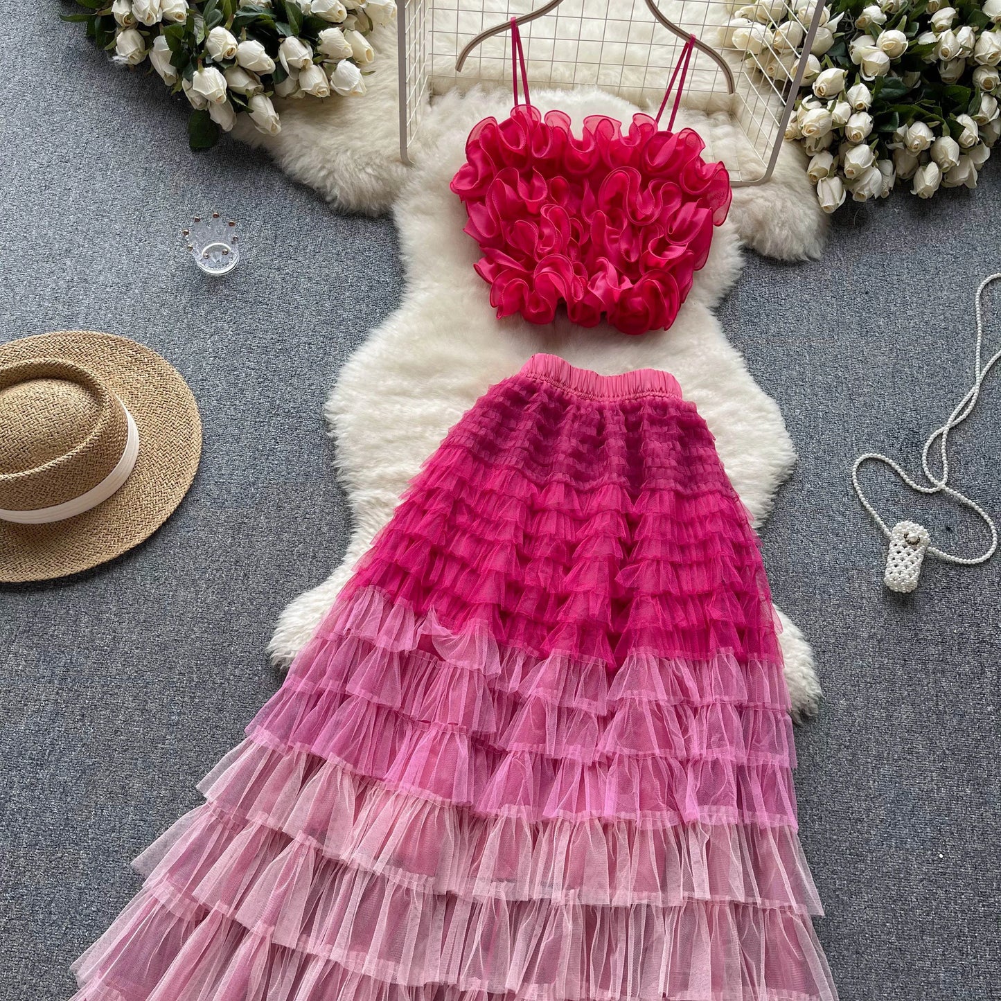 New Women Two Piece Set Summer Three-dimensional Flower Mesh Vest Tank Tops+mesh Long Skirts Fashion Korean Outfits
