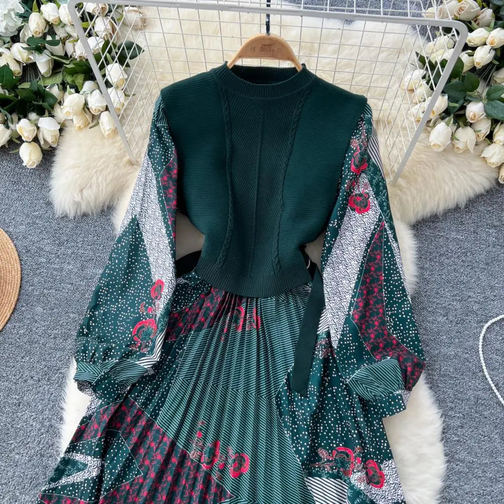 French Vintage Patchwork Print Knitted Dress Elegant and Chic Boho Beach Holiday Dresses A-Line Slim Waist Pleated Vestidos New