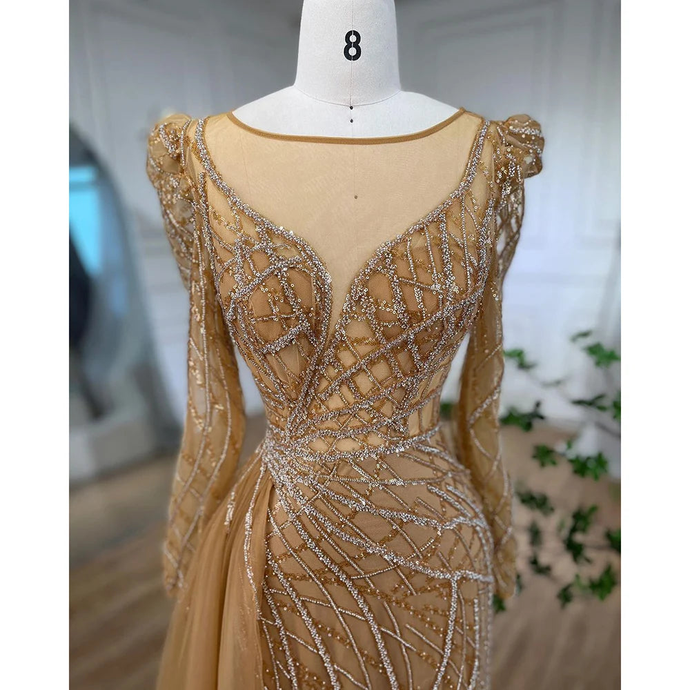 Serene Hill Muslim Gold Mermaid Beaded Luxury Dubai Evening Dresses Gowns With Overskirt 2024 For Women Party LA72206
