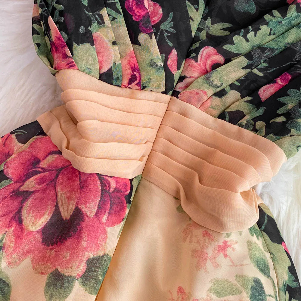 Elegant Evening Party Dress Women Sexy V-neck Floral Printed A-line Long Dresses Ladies Sleeveless Slim A-line Chiffon Long Robe