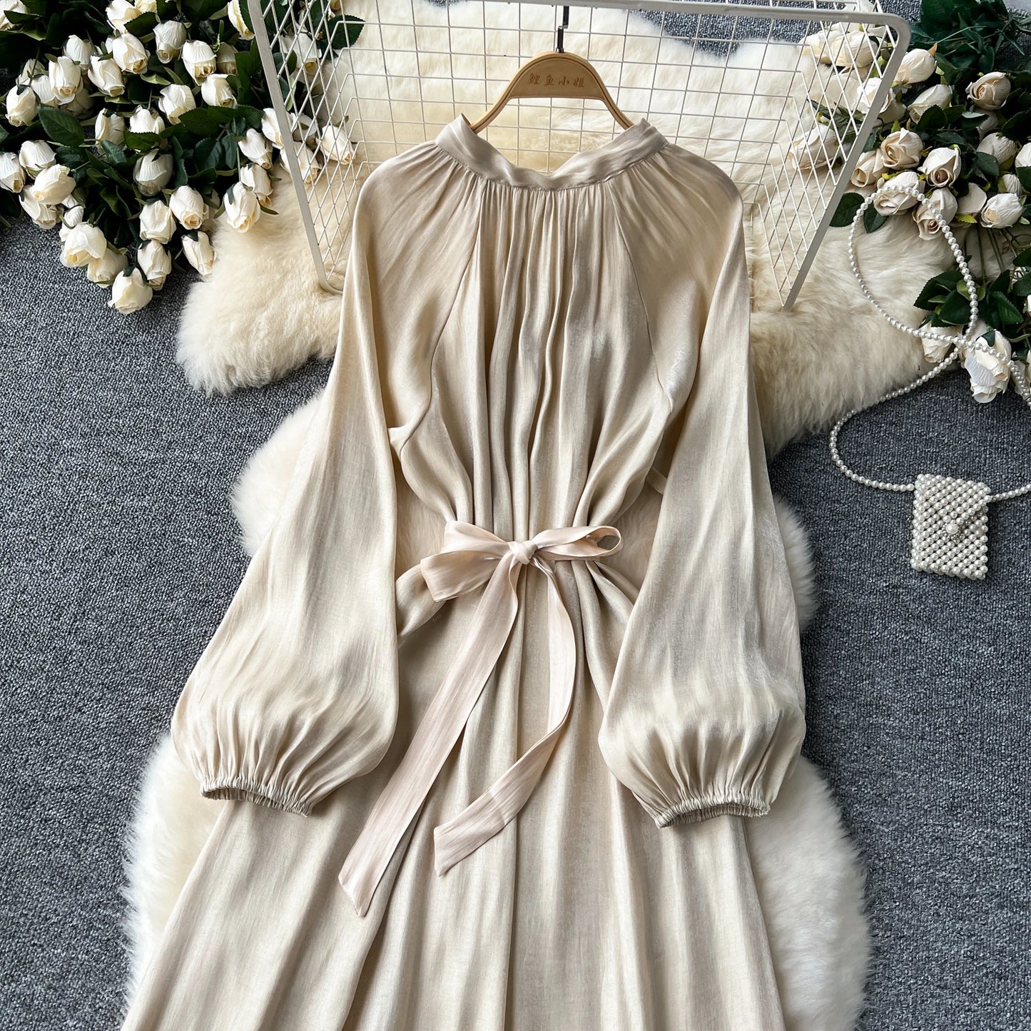 French Vintage Pleated lool sleeve print Lace-up Bow sweet Dress Casual Women Fashion summer dresses
