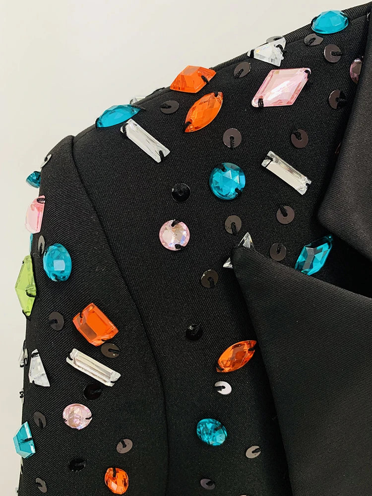 HIGH STREET Newest 2024 Designer Runway Fashion Suit Set Women's Slim Fitting Strass Diamonds Beaded Blazer Pants Set