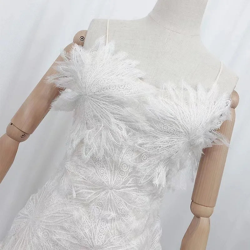 French White Feather Lace Flower Fairy Dress Hollow out Sexy Waist Wrapped Chiffon Hanging Spaghetti Strap Dresses Summer