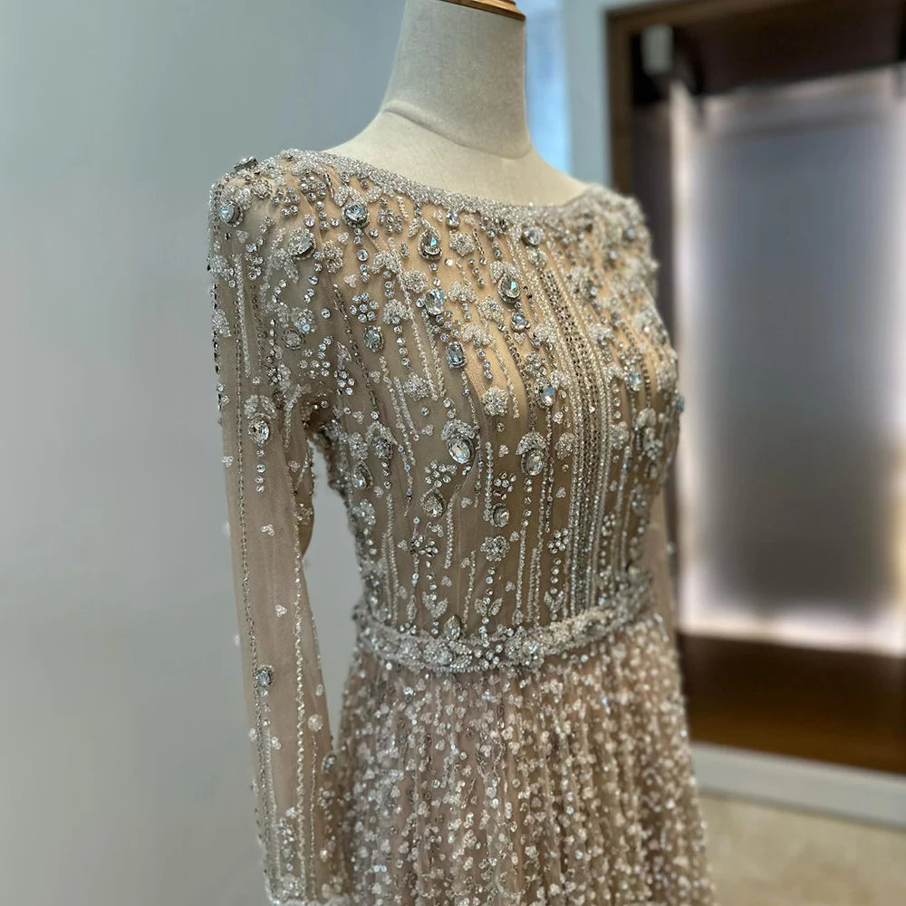 Serene Hill Dubai Arabic Designer Luxury Nude A Line Beaded Evening Dresses Gowns For Formal Occasion 2024 LA72088
