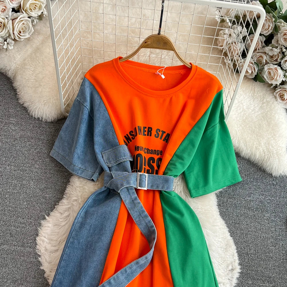 Women Summer Casual T Shirt Short Sleeve Streetwear Patchwork Denim Long Shirts Female O-neck Slim Jeans Tops