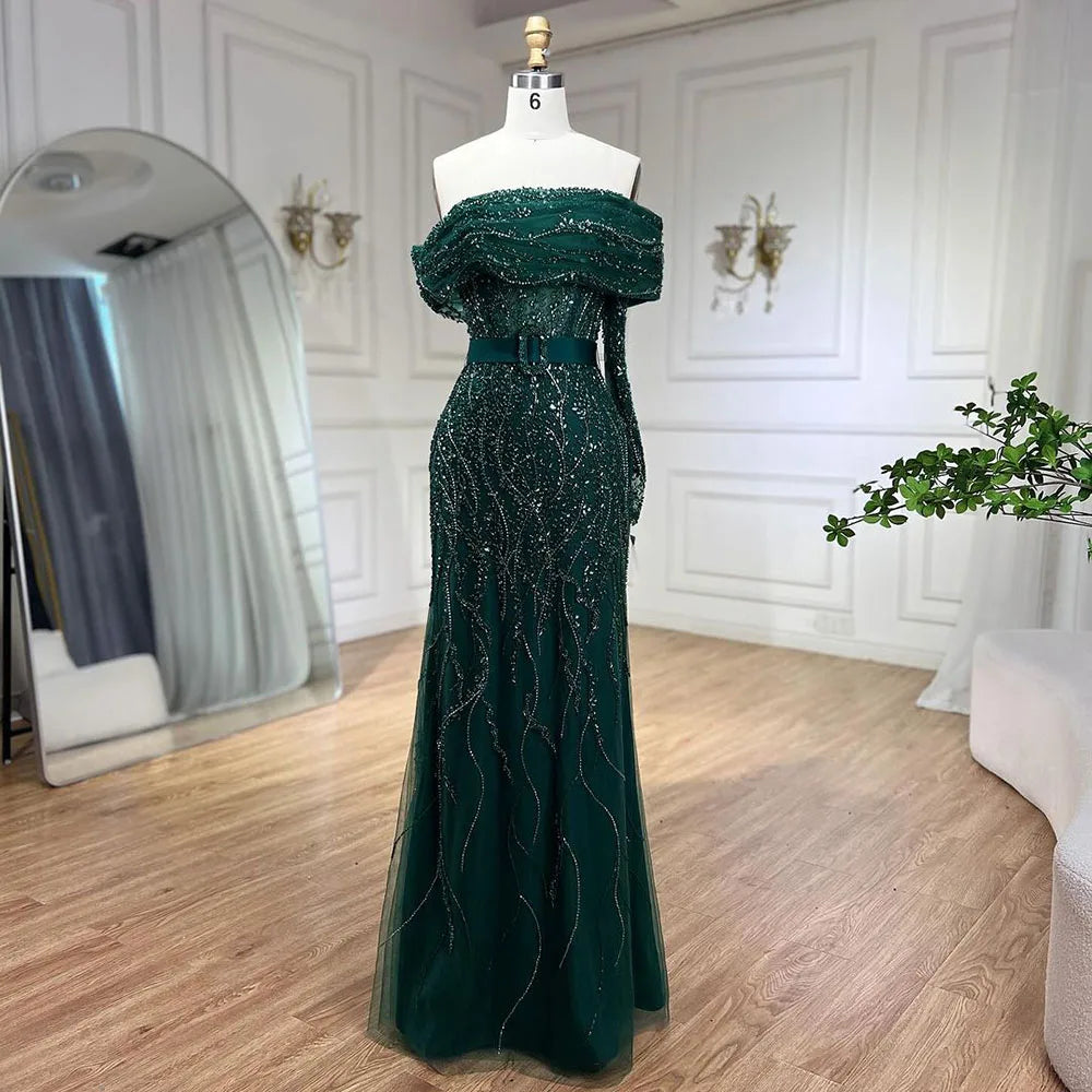 SERENE HILL 2024 Arabic Nude Mermaid One Shoulder Luxury Beaded Evening Party Dresses Formal Gowns For Women Wedding GLA72161