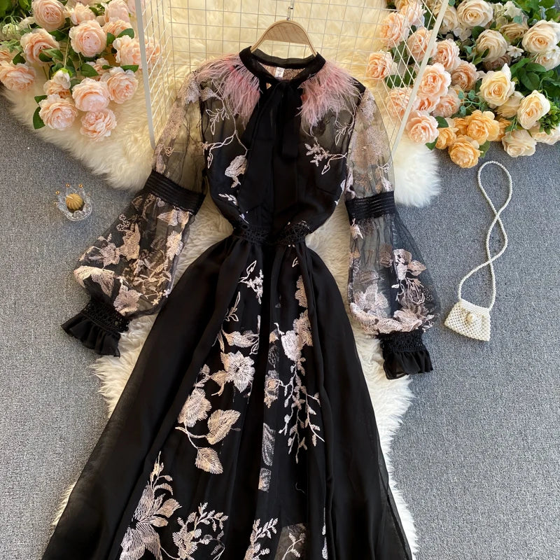 Retro Print Floral Embroidery Elegant Lace Up Dress A-line Long Sleeve Casual O-neck High Waist Dress Women Ceremonial Dress