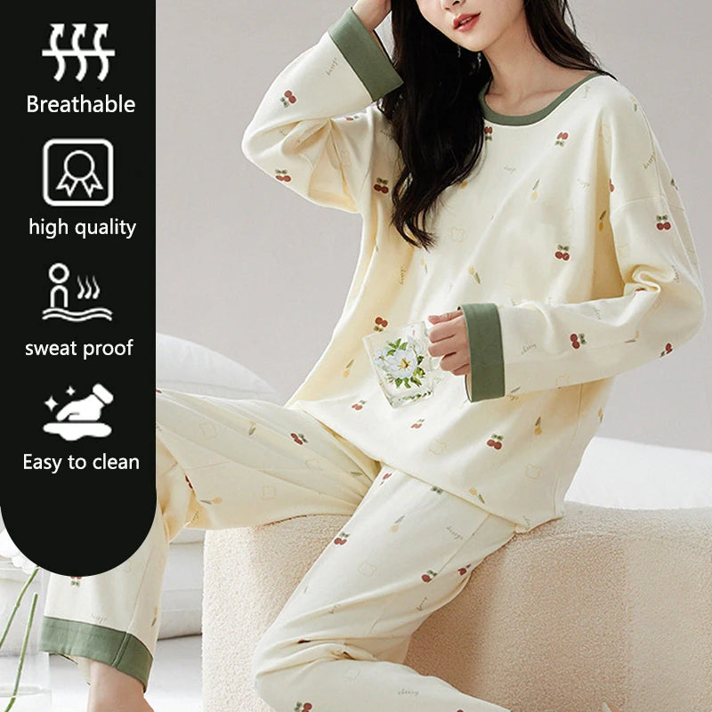 2Pcs/set Women's Pajamas Homewear Autumn and Winter Long Sleeve Long Pants Cartoon Cute Large Size 2xl Round Neck Set Student Pa