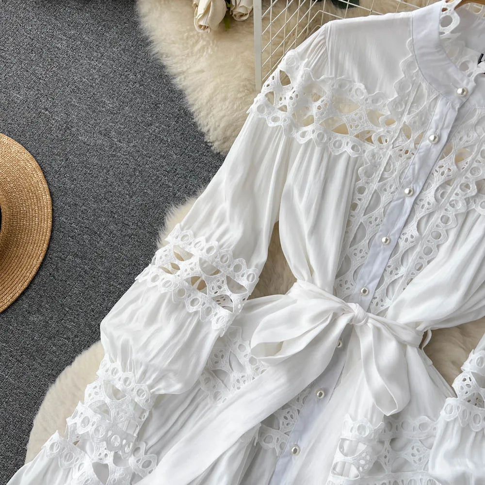 2023 Spring Summer Holiday Dress Women Stand Collar Long Sleeve Button Up Embroidery Trim Luxury Elegant Mini Dress With Belt