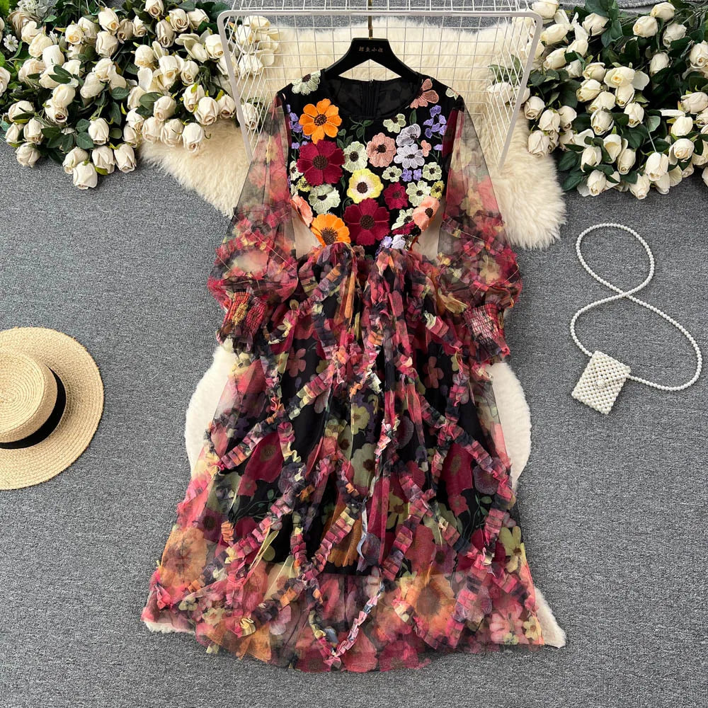 Retro Print Embroidery Elegant Mesh Dress A-line O-neck Long Sleeve Casual High Waist Dress Women Summer