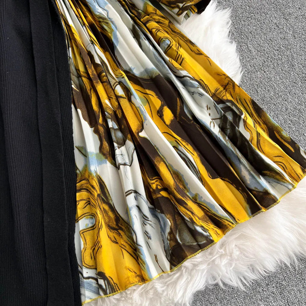 Elegant Chic Print Patchwork Knit Dress French Long Sleeve Party A-line Vestidos High Waist Basic Slim Women Autumn Winter Dress