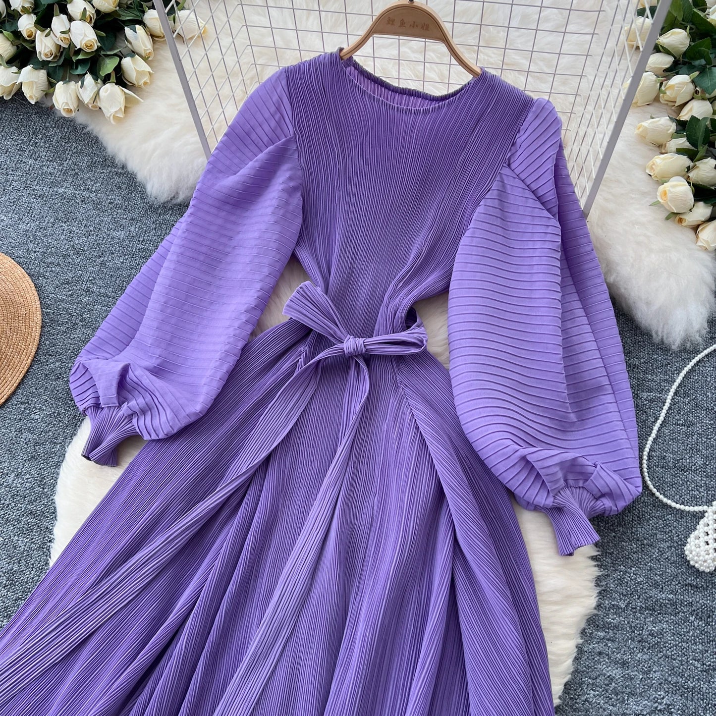 Vintage Elegant Lantern Sleeve Sweet Pleated Dress Women Basics Fashion Summer Spring Dresse