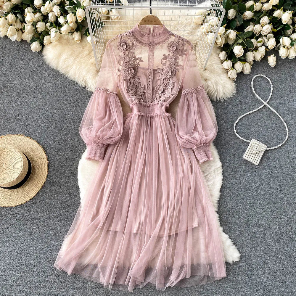 Retro Elegant Mesh Pleated two pieces Dress sets Sexy Fairy puff sleeve Summer Casual Vestidos Slim Women Evening Party Dress