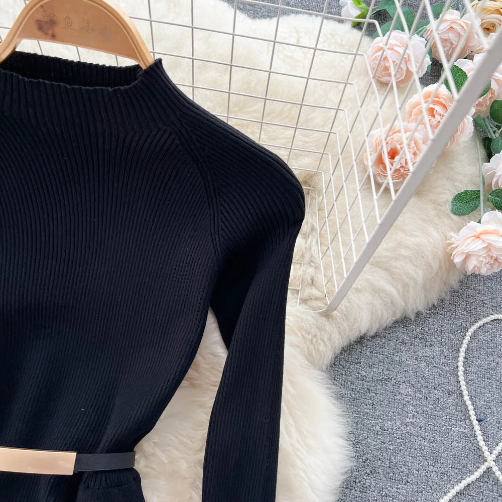 Elegant Chic Print Patchwork Knit Dress French Long Sleeve Party A-line Vestidos High Waist Basic Slim Women Autumn Winter Dress