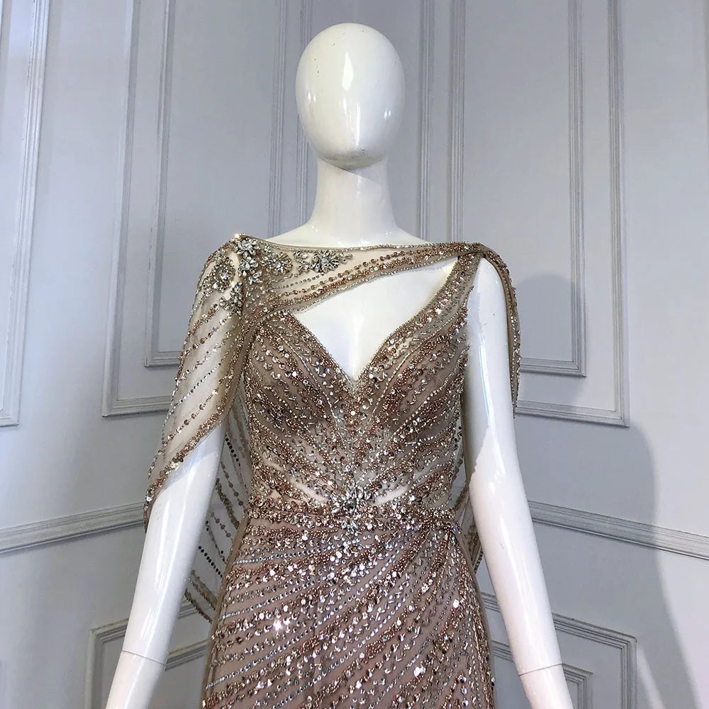 Luxury Champagne Split Evening Dresses 2024 Diamond Beaded Sleeveless Mermaid Formal Serene Hill LA70301