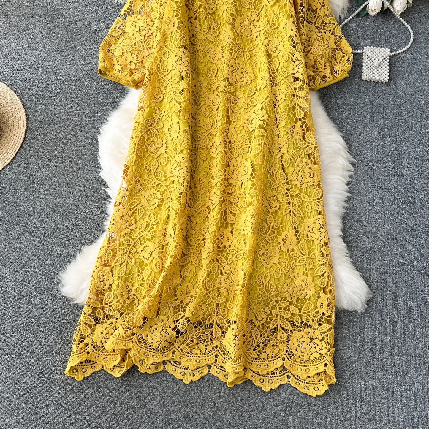 Chic Long Sleeve O Neck Lace Hook Flower Hollow Loose Dress Chiffon A-line Casual Dresses Fashion Women Elegant Vestidos