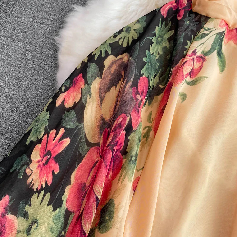 Elegant Evening Party Dress Women Sexy V-neck Floral Printed A-line Long Dresses Ladies Sleeveless Slim A-line Chiffon Long Robe