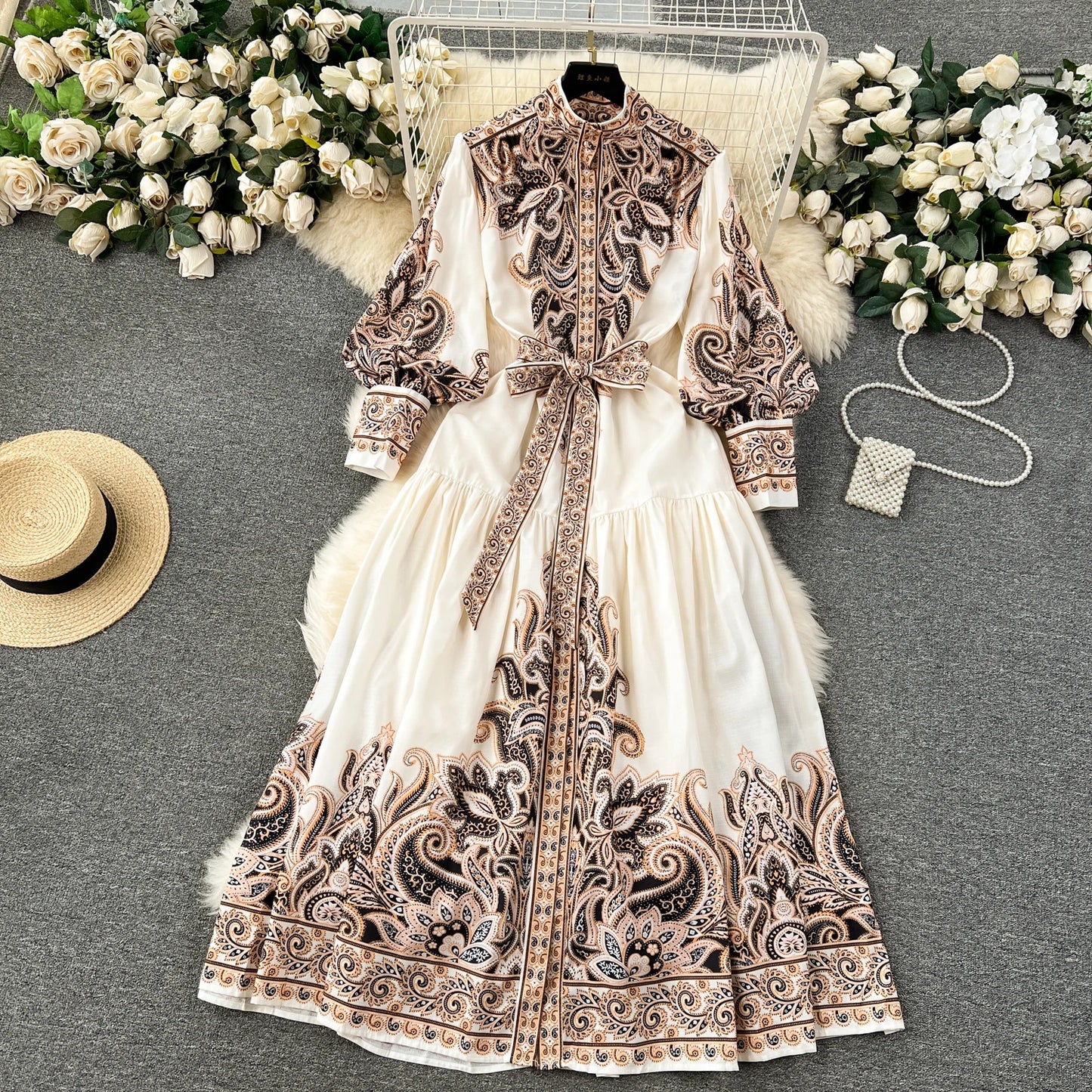 Vintage Print Elegant Half High Collar Lantern Long Sleeve Dress A-line Casual Women Fashion Autumn Spring Vestidos