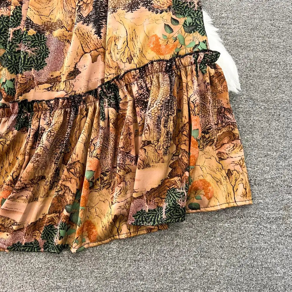 Elegant Casual A-Line Vintage Ruffle Print Long Dress Autumn Lantern Sleeve Party Boho Dresses Beach Holiday Female Vestidos