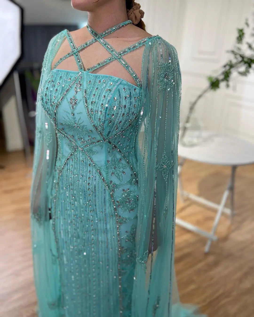 SERENE HILL Arabic Caramel Mermaid Elegant Cape Sleeves Beaded Luxury Evening Dresses 2024 Formal Gown For Women Party GLA71905A