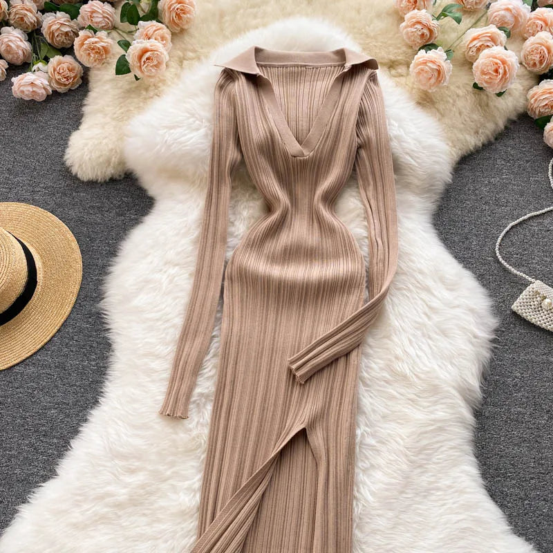 Women Chic Elegant Long Sleeve Split Bodycon Midi Dress Sexy French Fashion Knit Wrap Vestidos Elastic Slim Pencil Sweater Dress