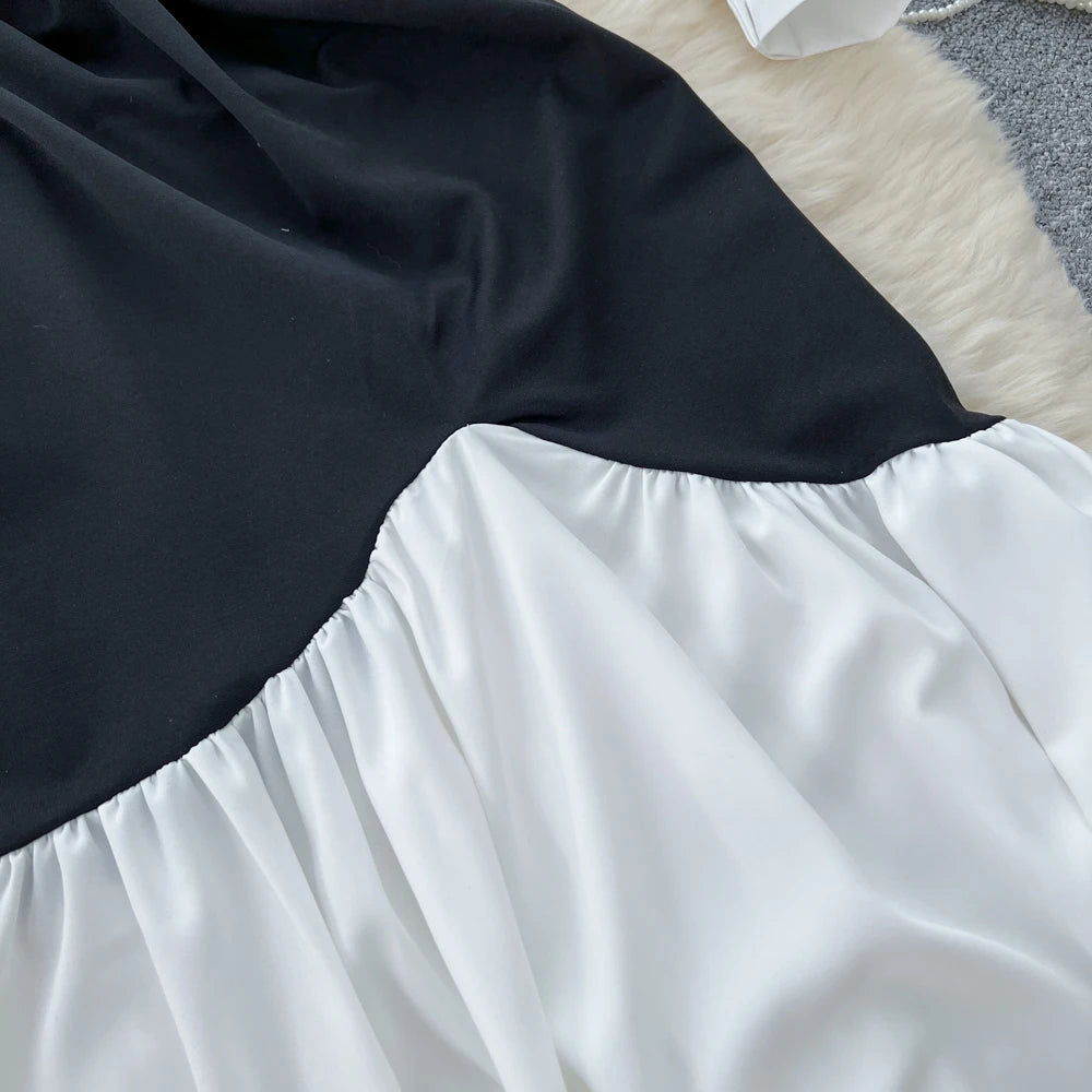 Elegant Pleated Mermaid Dress for Women Autumn Black White Patchwork Evening Party Dresses Autumn Slim Waist Prom Vestidos Robe
