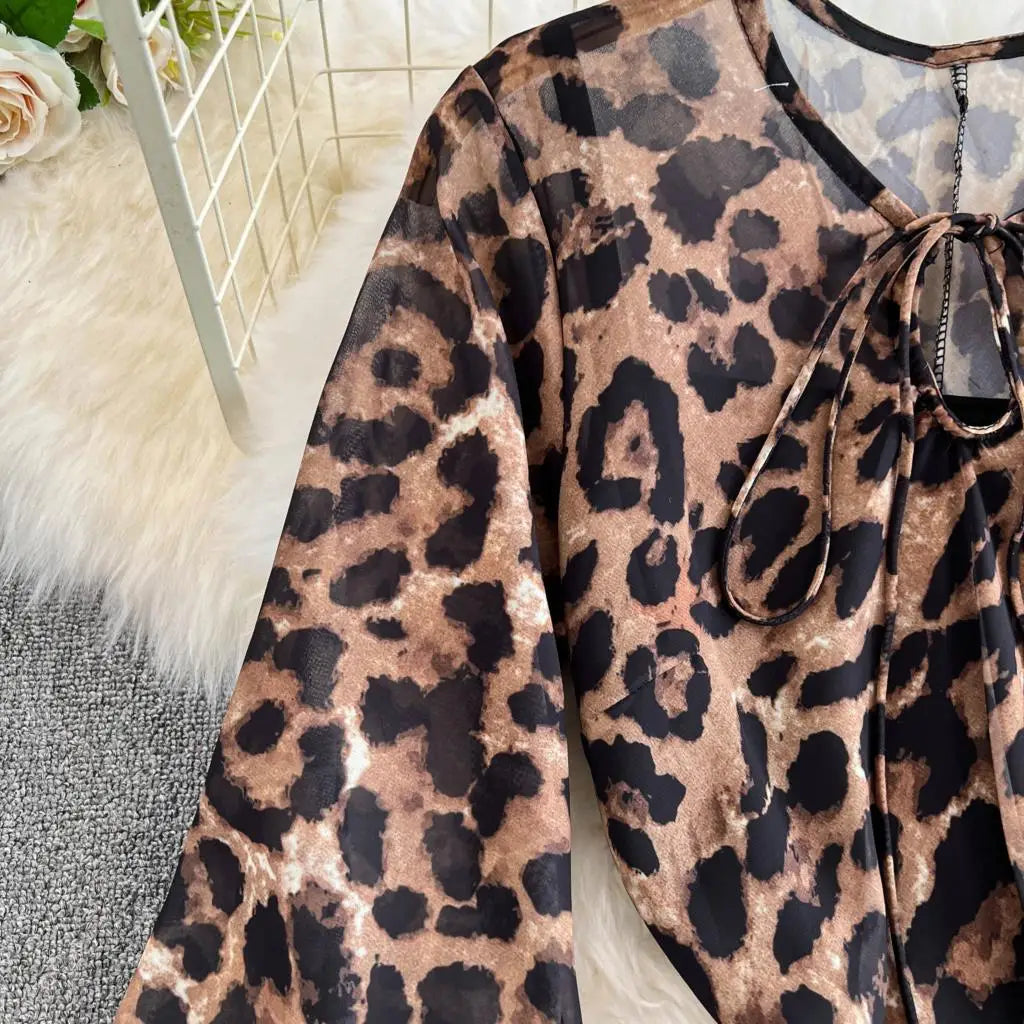 Autumn Elegant Women Leopard Print Long Sleeve Dress Casual Loose A-Line Slit Evening Dresses New Fashion Vintage Vestido Mujers