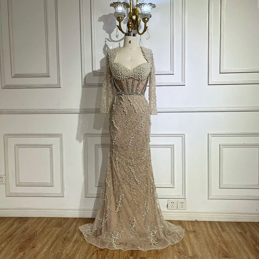 Serene Hill Dubai Luxury Pearls Beaded Nude Elegant Arabic Mermaid Evening Dress for Women - Wedding Party 2024 LA72361